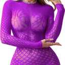 FHSEER-Womens Fishnet Bodysuit Lace Lingerie Long Sleeve Fishnet Dress Romantic Nightwear Pattern Mesh Lingerie Party (Purple) Onesize