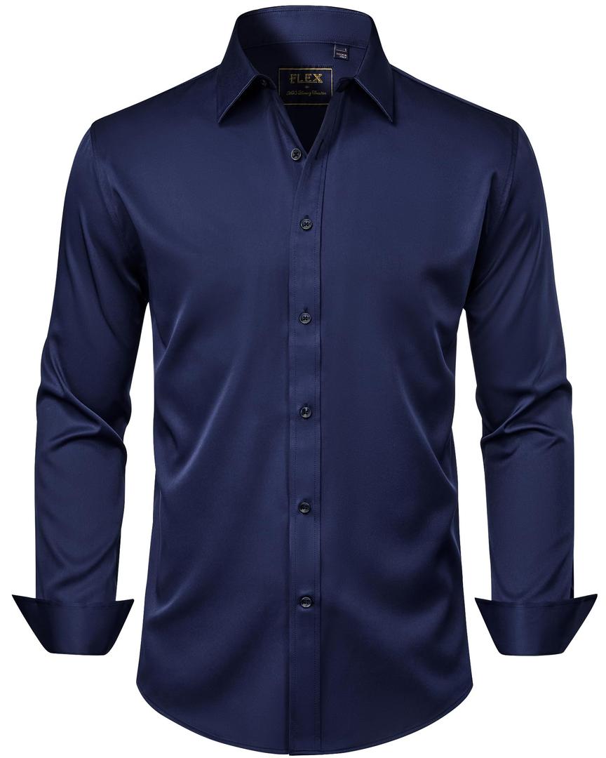 J.VER Men's Dress Shirts Solid Long Sleeve Stretch Wrinkle-Free Formal Shirt Business Casual Button Down Shirts, Size L