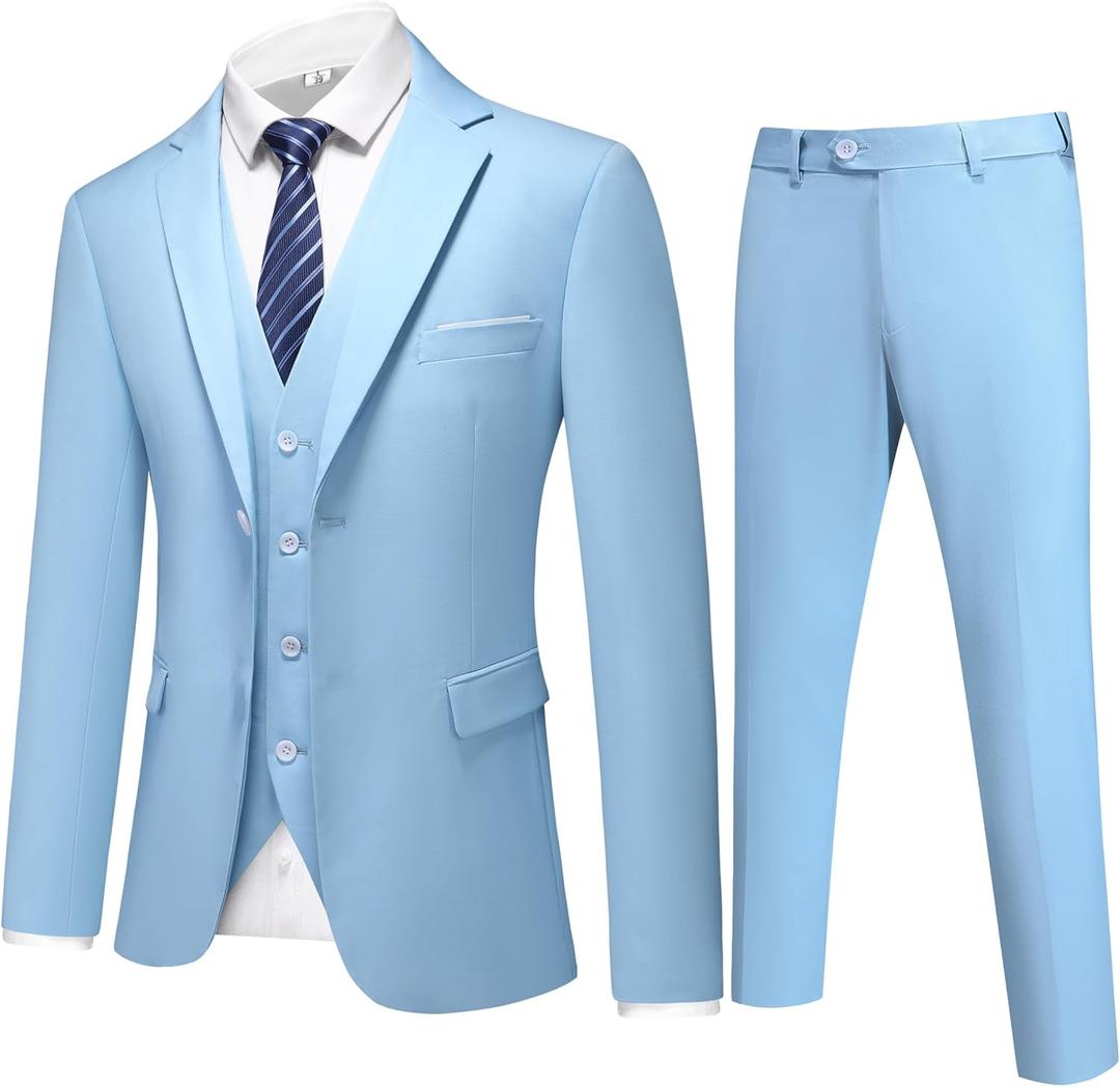 Mens 3-Piece Slim Fit Suit Set - One-Button Tuxedo, Ideal for Weddings and Business, Includes Jacket, Vest, Pants, Tie (Sky Blue) 35 X
