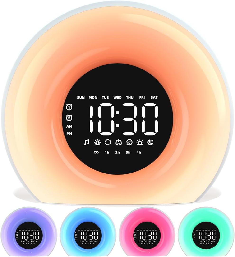 Wake Up Light Sunrise Alarm Clock with Sunrise Sunset Simulation 23 Nature Sleep Sounds 13 Colors Night Light Dual Alarms Snooze Function Sleep Aid for Heavy Sleepers Kids Adults (White)