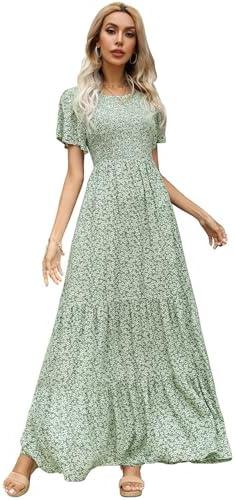 Kranda Women Summer Dress Round Neck Flutter Short Sleeve Smocked Ruffle Tiered Floral Maxi Dress 2024 Size L