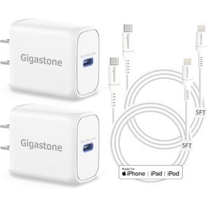 Gigastone iPhone Charger Fast Charging AppleMFi Certified 2-Pack,20W USB C Charger Block with 5FT iPhone Charger Cord Compatible with iPhone 14/14 Pro Max,iPhone 11/12/13 Series,iPad,AirPods