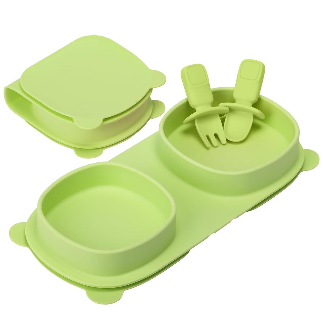 Silicone Foldable Novelty Dinner Plates, Suction Plates for Baby Travel Essential with Forks and Spoons, Microwave & Dishwasher Safe, Green