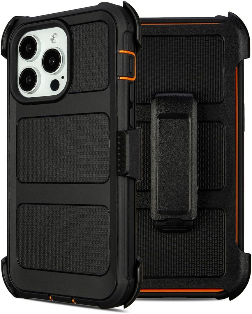 for Defender Phone Case iPhone 15 Pro Case with Clip Holster,Heavy Duty Rugged Full-Body Protective,3 Layers of Sturdy,Military-Grade Shockproof Cover for iPhone Pro 15 Case Defender(Black & Orange)