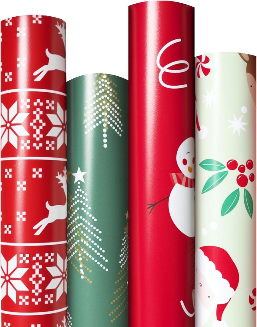 Hexablenzio Christmas Wrapping Paper Bulk Set of 4 Rolls (93 sq. ft. ttl) Santa Claus, Reindeer, Christmas Tree, Snowman Patterns for Holiday Gift Wrap - 17 inches x 16.5 feet Per Roll
