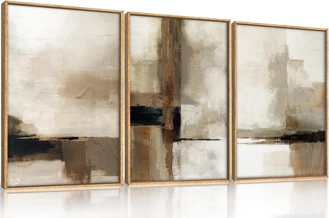 HOURIA Large Abstract Neutral Framed Canvas Wall Art Set,Brown Beige Wall Decor,Minimalist Black Wall Painting,Modern Brush Stroke Line Art Print for Living Room,Bedroom,Office- 16"x24"x3