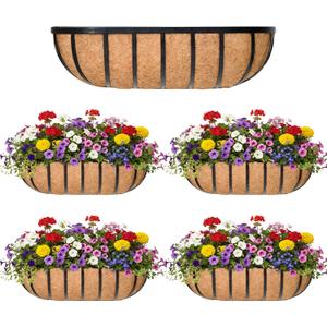 16 Window Box Railing Planter with Coco Liner Metal Wall-Mounted Coconut Liner Basket English Horse Trough Planter for Outdoor Deck Balcony Porch Fence Patio Black (4 Pack)