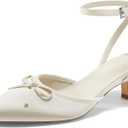 Coutgo Satin Kitten Low Heels with Bow Closed Pointed Toe Short Pumps Dress Wedding Party Shoes (7.5, Beige)