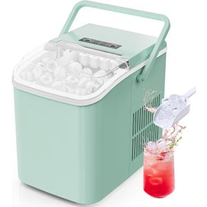 Sweetcrispy Countertop Ice Maker with Scoop, Basket and Handle, Portable Ice Machine 9 Ice Cubes Ready in 6 Mins, 26.5lbs in 24Hrs, 2 Sizes for Home Kitchen Office Bar Party, Green