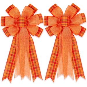 2 Pack Fall Bows for Wreaths Decorations for Home, Halloween Tree Topper Bow, Thanksgiving Bow with Orange Buffalo Plaid Burlap Front Door Outdoor