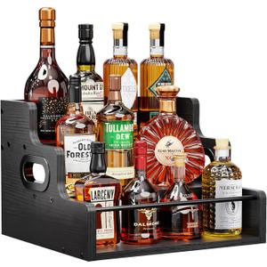 KLM Liquor Bottle Display Shelf, Coffee Syrup Rack Organizer, 3 Step Countertop Liquor Wine Rack, Mini bar,Liquor Cabinet, Home Retro Bar Shelf Stand for Liquor Whiskey, SpiritsBlack