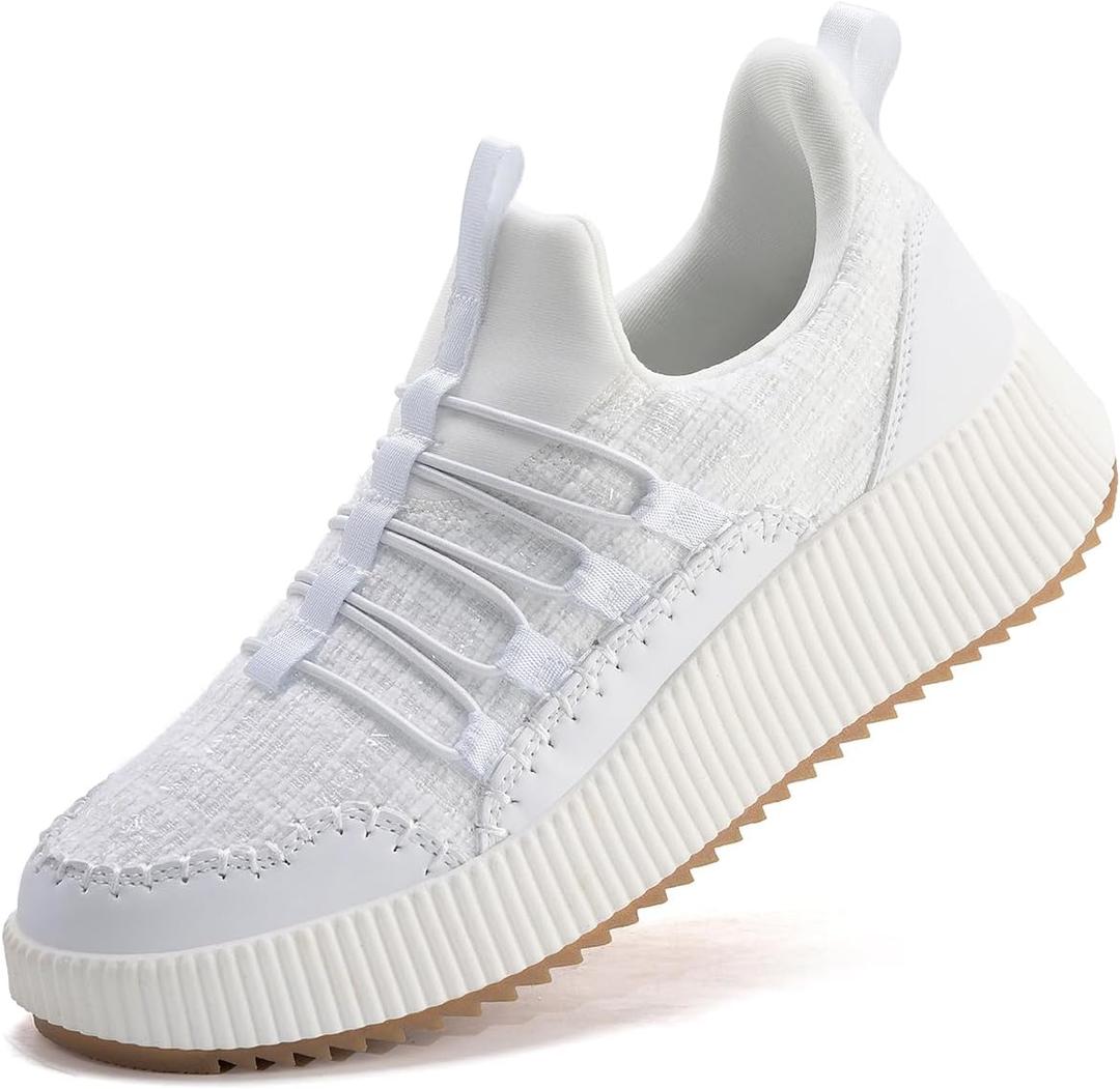 Kyedoo Women's Platform Chunky Sneakers Comfortable Casual Fashion Lace-up City Travel Walking Shoes (7, Ivory White)