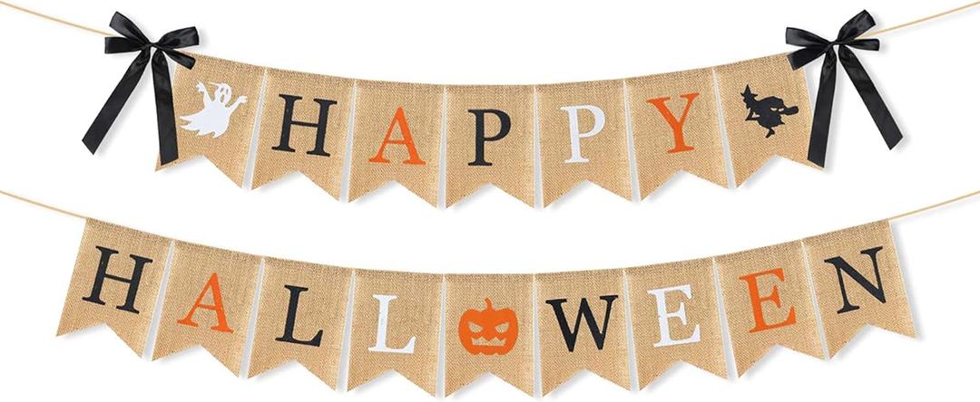 Highly Recommended Happy Halloween Burlap Banner - Multicolored Design Pumpkin Witch Halloween Party Decorations White Black Orange