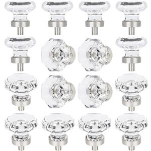 16 PCS Glass Crystal Dresser Cabinet Knobs Brushed Nickel, Octagon Knobs and Pulls for Dresser Drawers, Bathroom Kitchen Cabinet Drawer Knobs Set