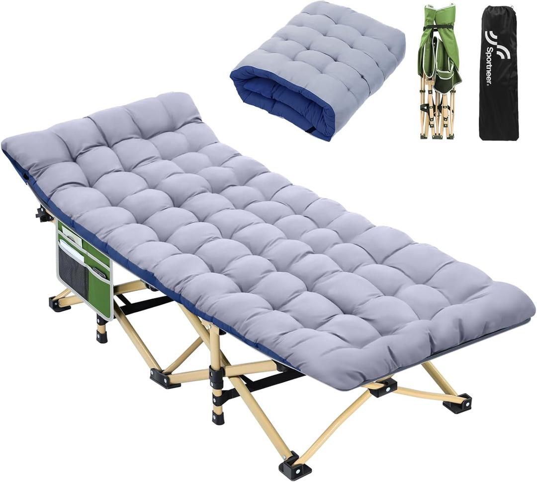 Sportneer Camping Cots for Adults: 1200D Double Layer Oxford Camping Cot with Mattress, Heavy Duty Foldable Cots for Camping Travel Tent Day Outdoor & Home Guest, Cot Bed with Carry Bag & 2 Pockets (Green+grey)