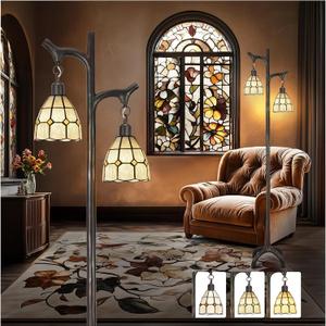 68" Tiffany Style Stained Glass Floor Lamp for Living Room,Modern Industrial Vintage Standing Floor Lamp for Bedroom,Stepless Dimmable Rustic Tree Trunk Tall Lamp for Study Room (Bulb Included)