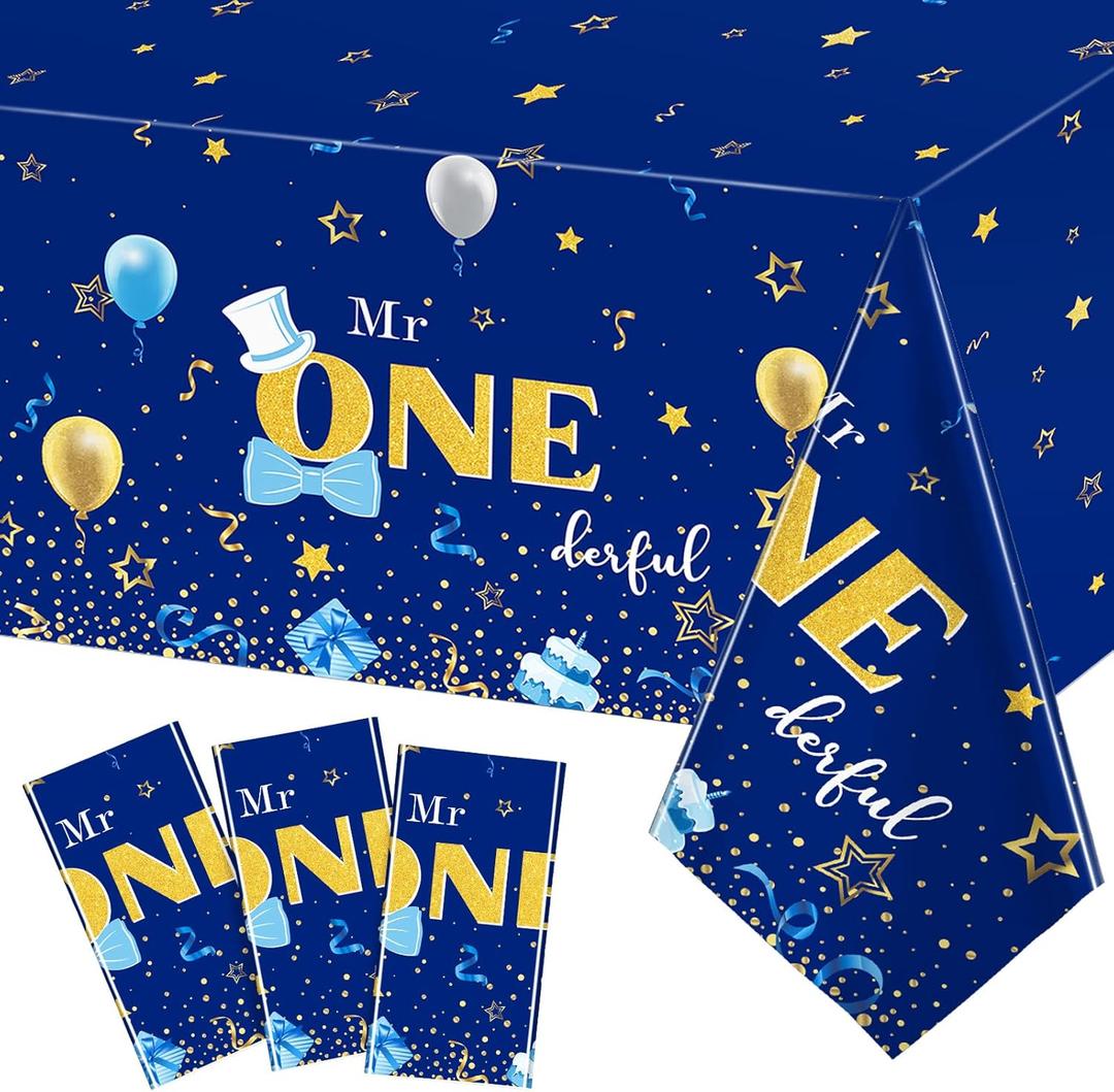 Tiamon 3 Pieces Boy 1st Birthday Party Tablecloth 54 x 108 Inch Plastic Rectangular Table Cover First Birthday Tablecloth Decorations for Boy Baby Shower Party Supplies(Royal Blue)