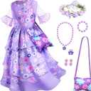 Purple Princess Costume Dress for Girls Birthday Halloween Party Dress Up with Bag Headband Necklace Earrings Ring (3-4T)