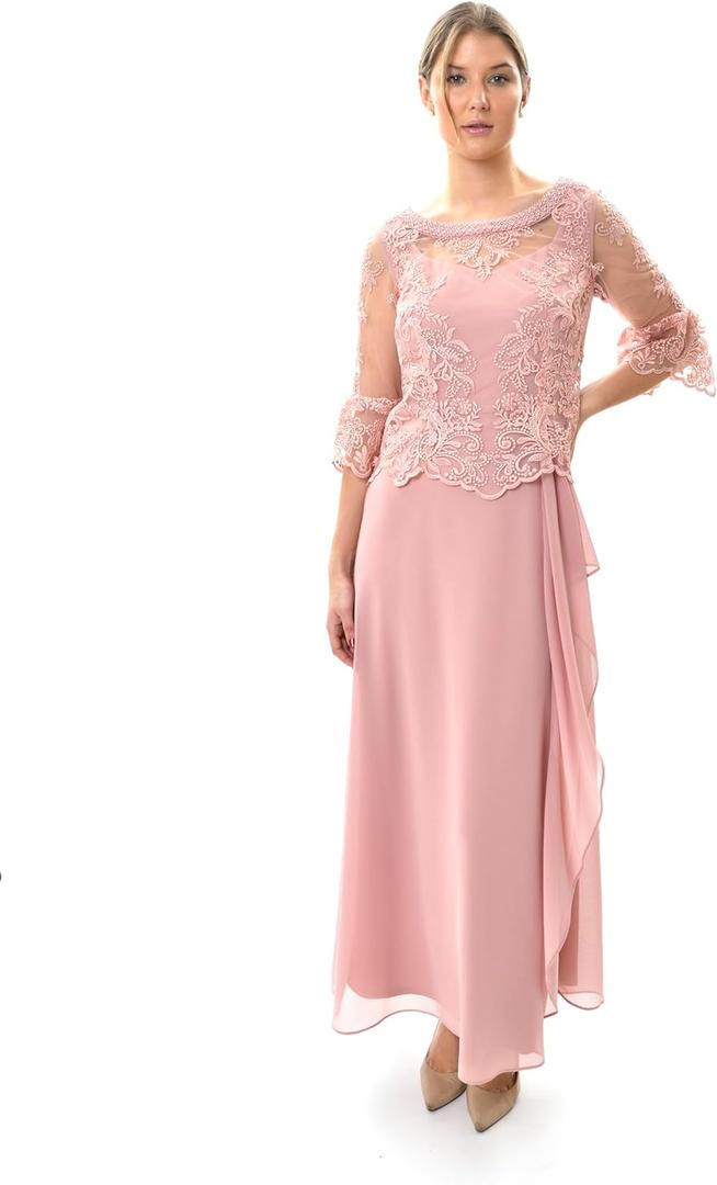 Le Bos Women's Full Legnth Gown with Embroidered Lace Bodice and Drape Detail at Waist (10)