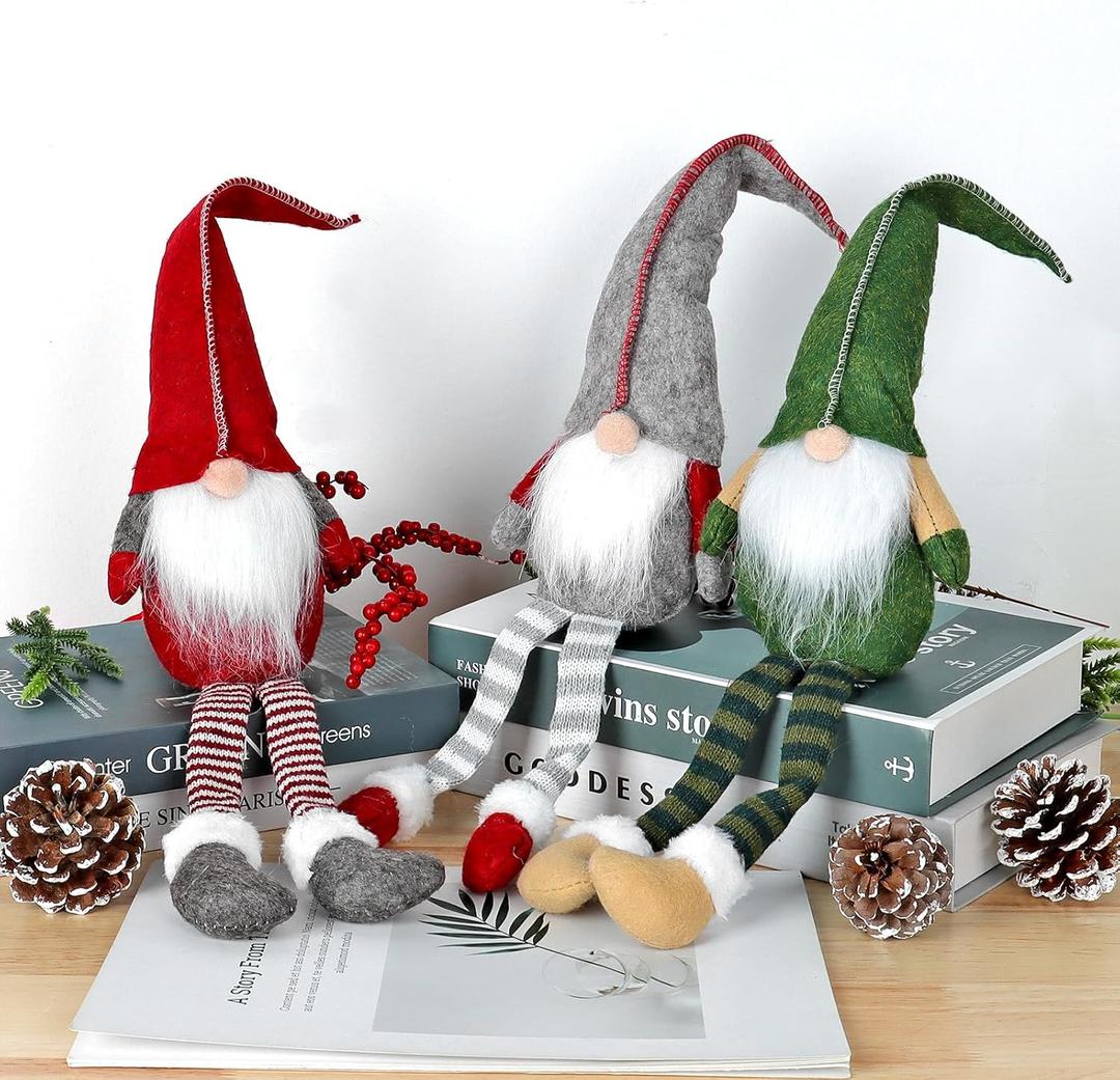 3PCS Gnome Christmas Decorations Dangle Leg Christmas Gnomes Handmade Swedish Plush Ornaments Collectible Dolls with Bendable Hat Figurines Elf Gift for Xmas Tree Home Hotel Table Window Decor