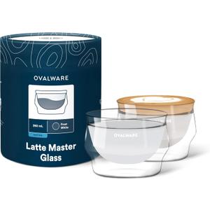 ovalware 8.5oz Double Wall Latte Cups, Latte Set of 2 - Latte Glasses for Cold & Hot Drink, Palm-Sized Cups with Wide Rim for Artistic Designs - Frost White