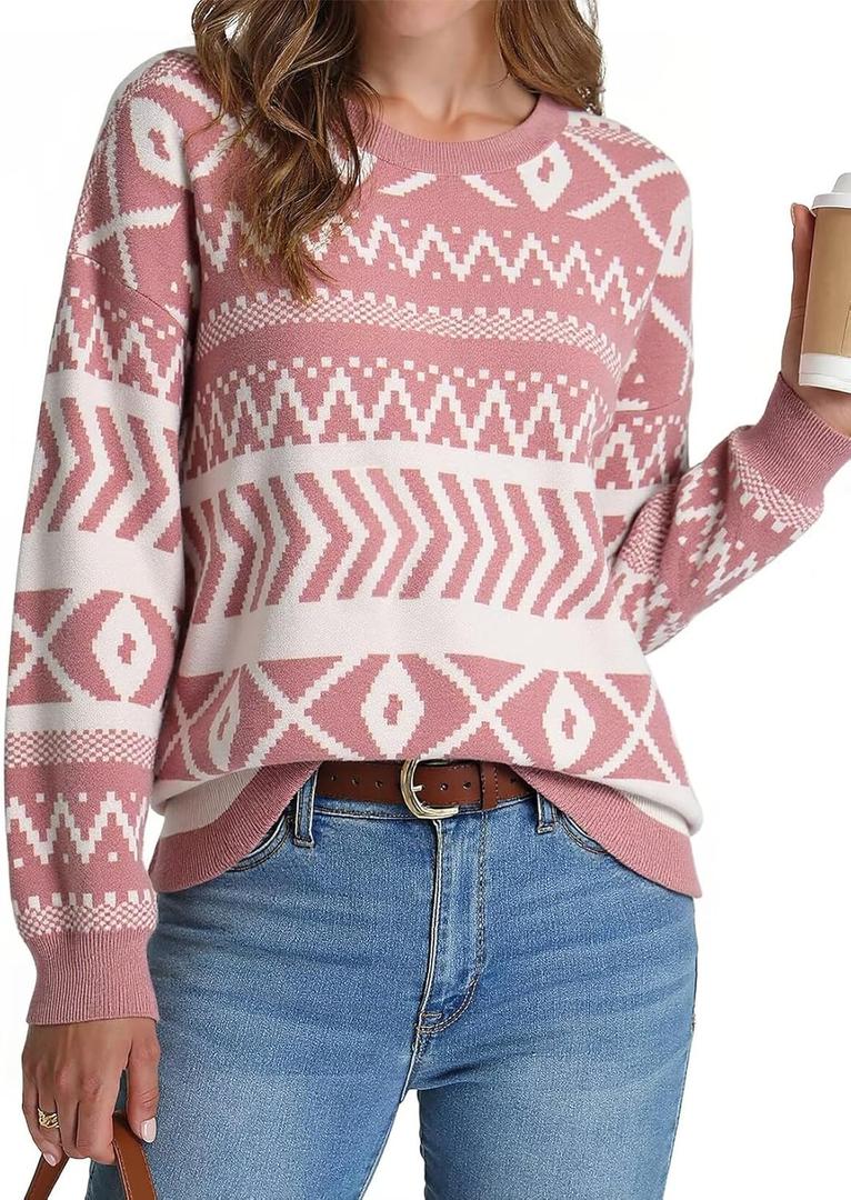 Dokotoo Women's Long Sleeve Crewneck Sweater 2025 Pullover Knit Tops Cozy Sweaters for Women Fall Clothes (Pink, M)