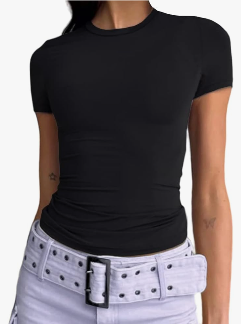 Abardsion Women's Casual Basic Going Out Crop Tops Slim Fit Short Sleeve Crew Neck Tight T Shirts 2025 Size S