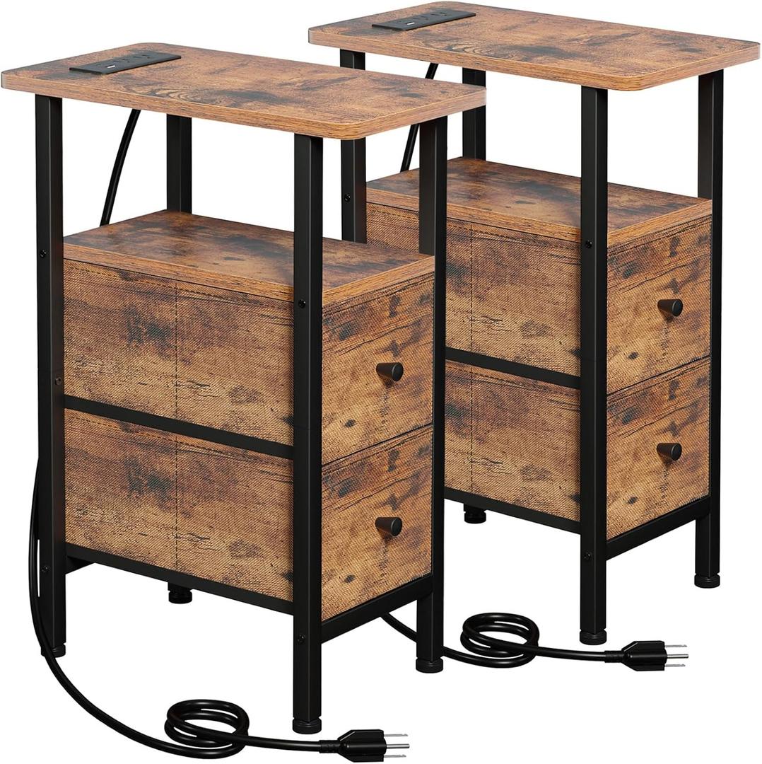 LOAKEKEL Narrow Nightstand with Charging Station, End Tables Living Room Set of 2, Skinny Side Table with Fabric Drawers, Slim Sofa Table for Bedroom, Small Spaces, Couch, Rustic Brown, HETNDP02PBR