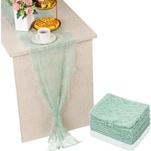 Newwiee 10 Pcs Sage Green Lace Table Runner 14 x 120 Inch Embroidered Floral Table Runner Boho Romantic Gauze TableCloths for Wedding Bridal Shower Birthday Party Decorations