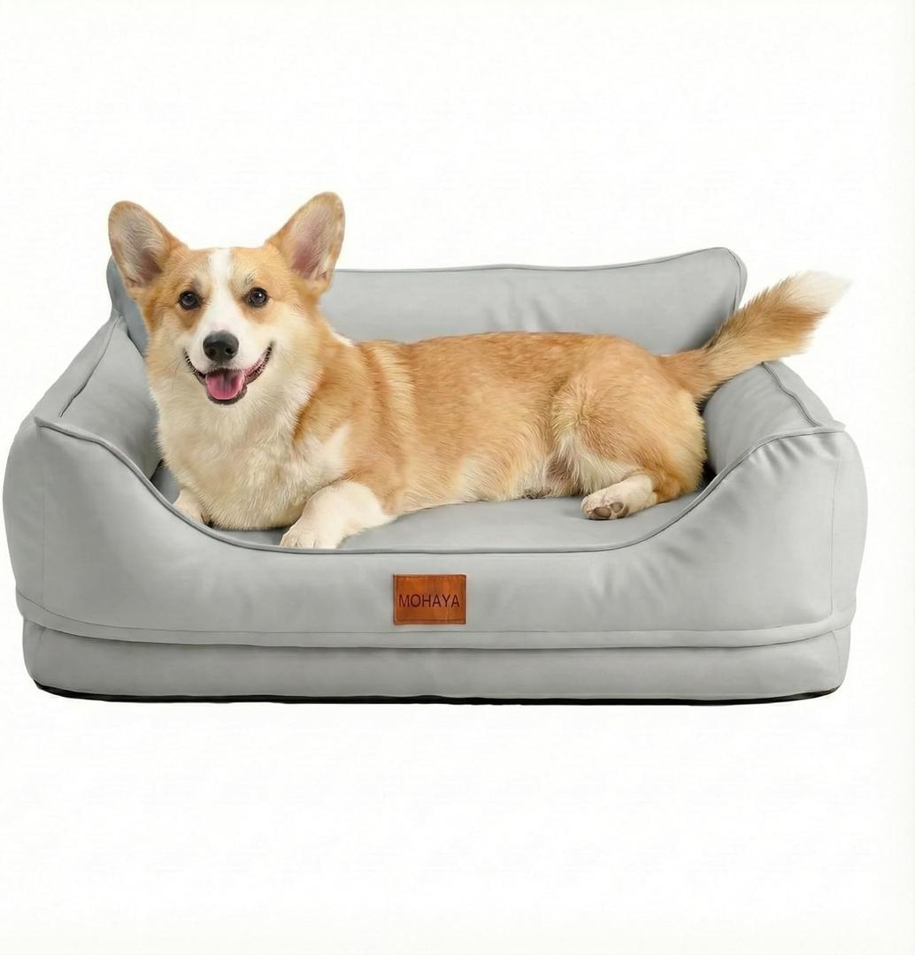 MOHAYA Large Dog Sofa Bed, Size L Orthopedic Dog Couch with Supportive Bolster Sides, Water-Resistant Easy-Clean Surface, Removable Cover, Grey, 31.5 x 22 x 10.6 in