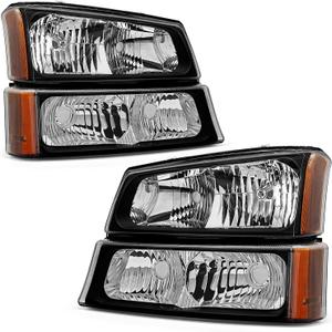 Headlight Assembly Compatible with 2003-2007 Chevy Silverado / 2002-2006 Chevy Avalanche with Bumper Lamp Balck Housing Amber Reflector Driver and Passenger Side (OE Replacement)