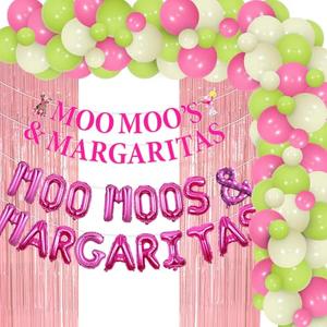 Funmemoir Margaritas Birthday Party Decorations for Women - Moo Moo’s and Margaritas Banner, Foil Fringe, Foil Balloons, Balloon Garland Arch for Pink Cocktail Theme Birthday Party