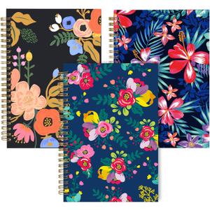 Dot Grid Notebook Spiral, Flower A5 Dotted Bullet Grid Journals Bulk, 100GSM Thick Paper Travel Journal Set, Hard Cover, Wirebound Diary Planner, 75 Sheets per Book, 5.7x8.3 inch, 3 Pack