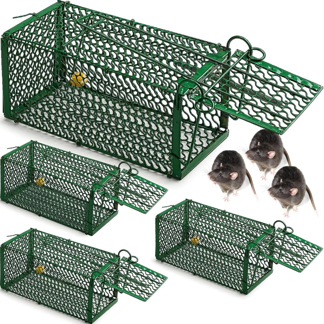 Qualirey 4 Pcs Humane Rat Trap Chipmunk Squirrel Cage Trap, 5.51 x 5.51 x 11.81 Inch Foldable Rodent for Small Live Animal Voles Hamsters Catch and Release for Kitchen Yard Garage Indoors Outdoors