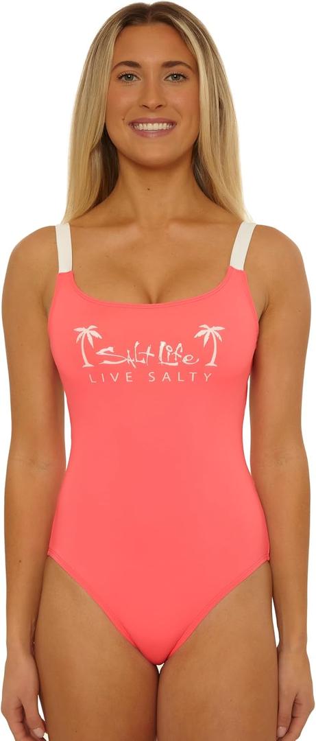 Salt Life Women's Live Salty One Piece Swimsuit, Scoop Neck, Bathing Suits (Medium, Coral)