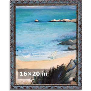 HLiWEGNS Vintage Brown 16x20 Frame, Single Frame, Wood Poster Frame with Blue Finish for 16 x 20 Poster, Antique Ornate Frame for Wall Decor, Gallery Artwork, Photo Display, Brown Blue, 16x20 