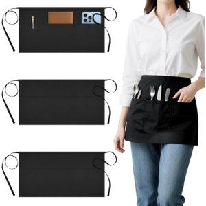 Tedux 3 Pack Black Server Apron with 3 Large Pockets, 24 x 12 In Waitress and Waiters Half Apron for Restaurant Cafes Bars