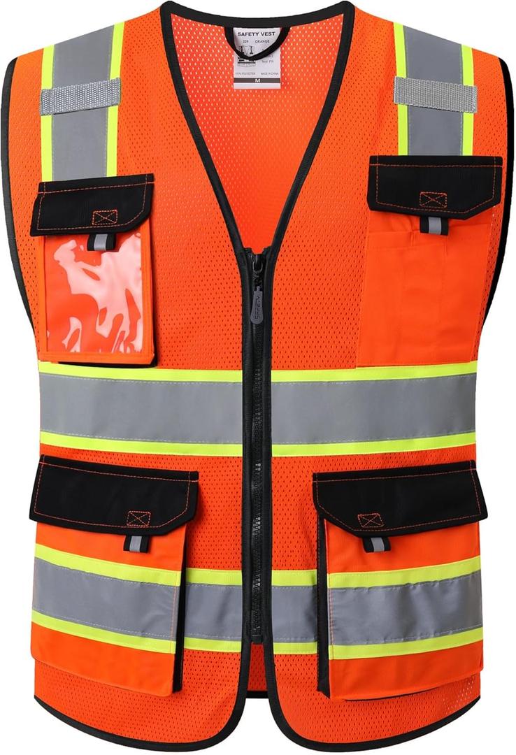JKSafety Hi Vis Reflective Safety Vests for Men Women High Visibility Vest with Pockets Mesh Fabric Construction Safety Apparel Neon Vest for Work (220-Orange L)