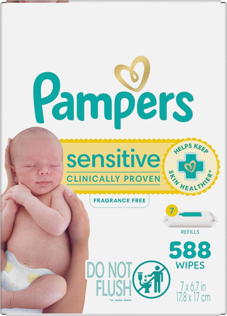 Pampers Sensitive Baby Wipes, Water Based, Clinically Proven, Hypoallergenic, and Unscented for Babies, 588 Wipes Total (7 Refill Packs) 