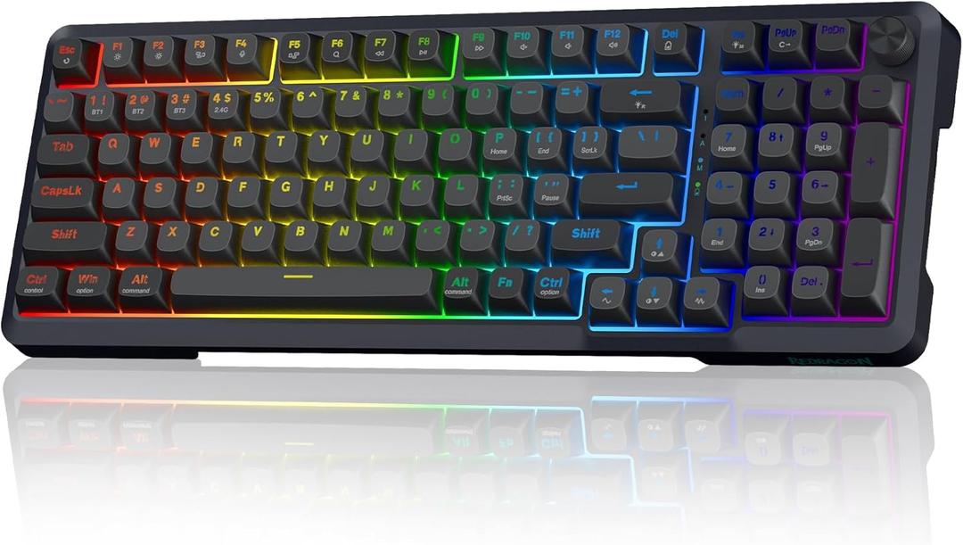 Redragon Wireless Mechanical Keyboard, 3 Mode Gasket Mounted RGB Gaming Keyboard with Volume Knob, Pre-Lubed Linear Switches, MDA-Profile, 98 Keys Hot Swappable Creamy Keyboard for PC/Tablet/Xbox/PS4 (Black Gray)