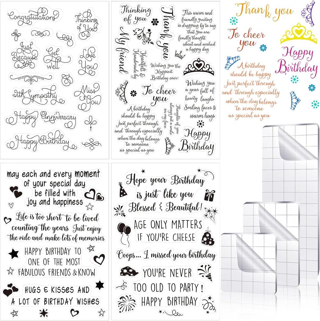 Pajean 4 Sheets Sentiments Rubber Clear Stamps Set for Birthday Card Making and 3 Pcs Acrylic Stamp Block Tools with Grid Lines Happy Birthday, Books Stamps Craft Supplies for DIY Scrapbooking