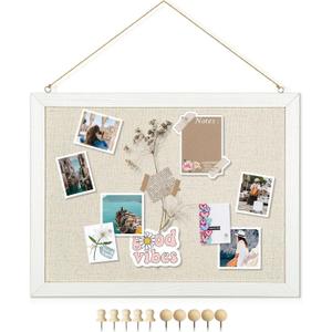 DOLLAR BOSS Bulletin Boards with Linen 1-Pack 16''X 12'' Double-Sided Cork Board for Walls Wood Framed Bulletin Boards, Small Pin Board for Home Kitchen Office Decorative Hanging 10 Pushpins (White)
