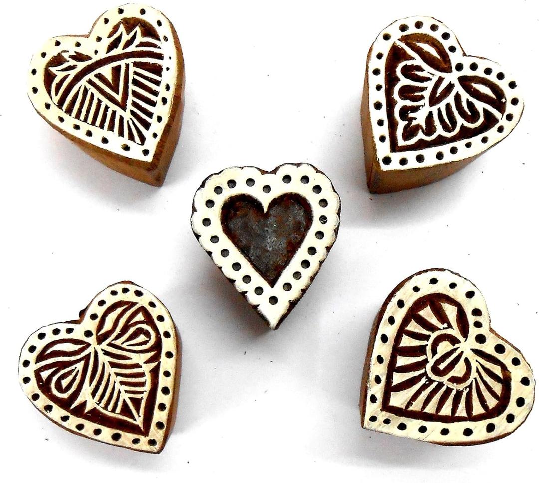 Stylish Romantic Five Hearts Wooden Blocks Stamps for Printing on Textiles, Pottery Crafts,Henna, Scrapbooking (Set of 5) (Pack # 104)