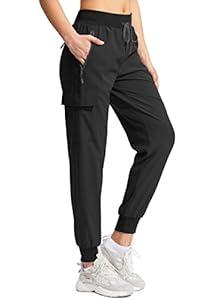 Soothfeel Women's Hiking Cargo Pants with Pockets Lightweight Quick Dry Travel Athletic Joggers Pants for Women(Black, L)