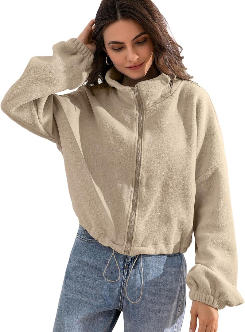 Women fleece crop jacket Zip Up Oversized Sweatshirts fall and Winter Clothes Long Sleeve Outfits (X-Large, Khaki)