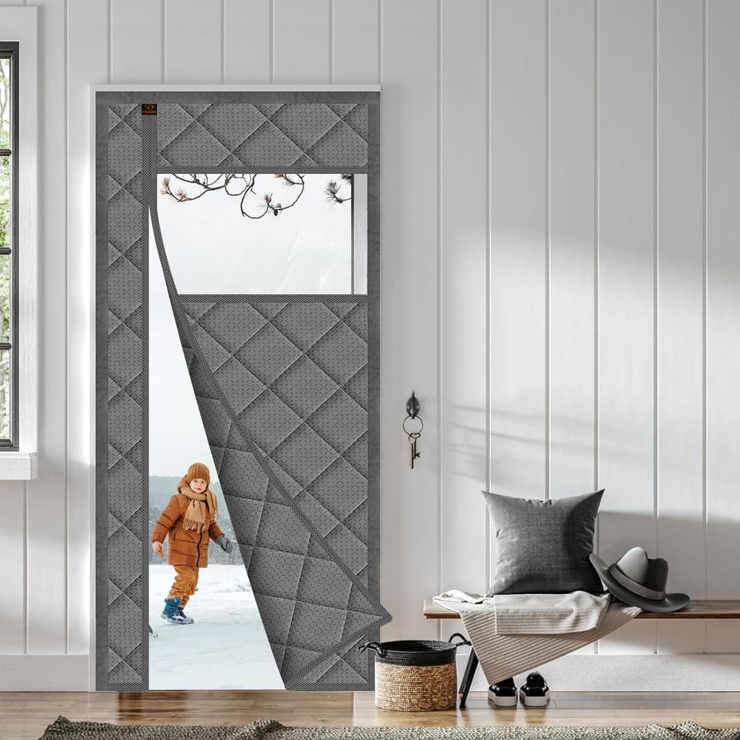 WochiTV Magnetic Thermal Door Curtain, 34 X 80 Inch Insulated Door Cover Thickened Waterproof Weatherproof Insulation Blanket with Visible Panels for Winter Side Opening Gray