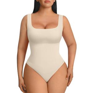 FeelinGirl Shapewear Bodysuits for Women Tummy Control Round Neck Body Suits Thong Body Shaper Beige M/ L