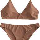 ZAFUL Women's Solid Spaghetti Strap Bralette Bikini Set Two Piece Swimsuit (1-Brown, Medium)