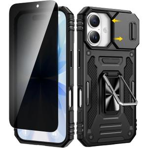 VEGO for iPhone 17 Case, with Slide Camera Cover & Privacy Tempered Glass Screen Protector & Ring Kickstand Military Grade Heavy Duty Protection Cover for iPhone 17 5G 6.3 Inch - Black