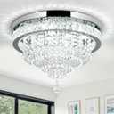 Crystal Chandelier 19.7 Inch LED Crystal Ceiling Light 5 Tier Modern Flush Mount Chandeliers for Living Room Dining Room Bedroom(Round,Chrome,6500K)